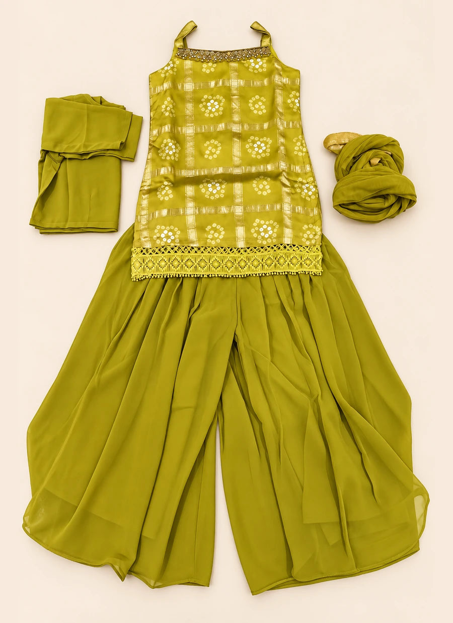 Girls Mustard Green Bandhani Sharara Set with Dupatta & Blouse | 4-Piece Kids Ethnic Wear for Diwali, Wedding & Festive Wear