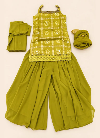 Girls Mustard Green Bandhani Sharara Set with Dupatta & Blouse | 4-Piece Kids Ethnic Wear for Diwali, Wedding & Festive Wear