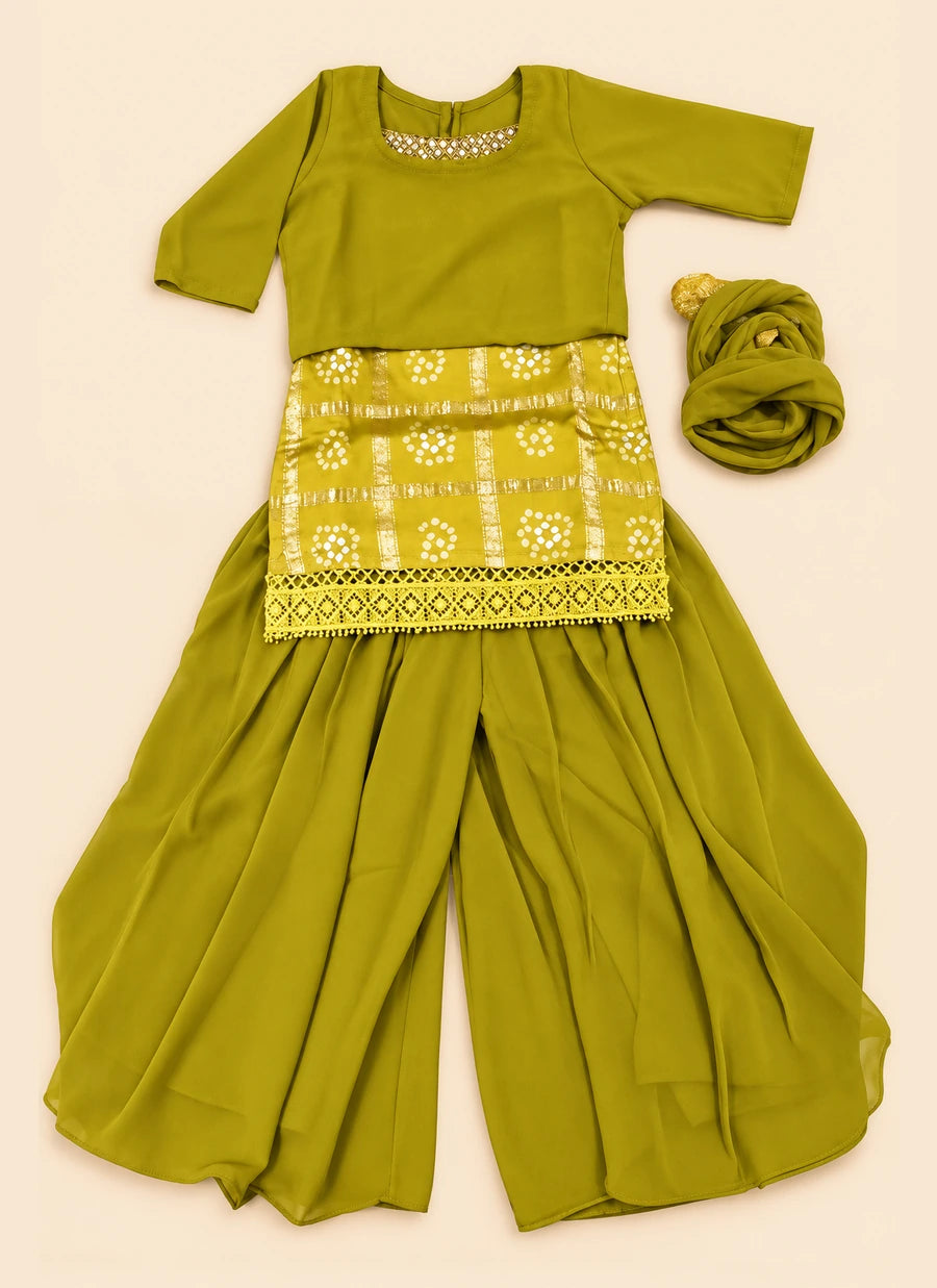 Girls Mustard Green Bandhani Sharara Set with Dupatta & Blouse | 4-Piece Kids Ethnic Wear for Diwali, Wedding & Festive Wear