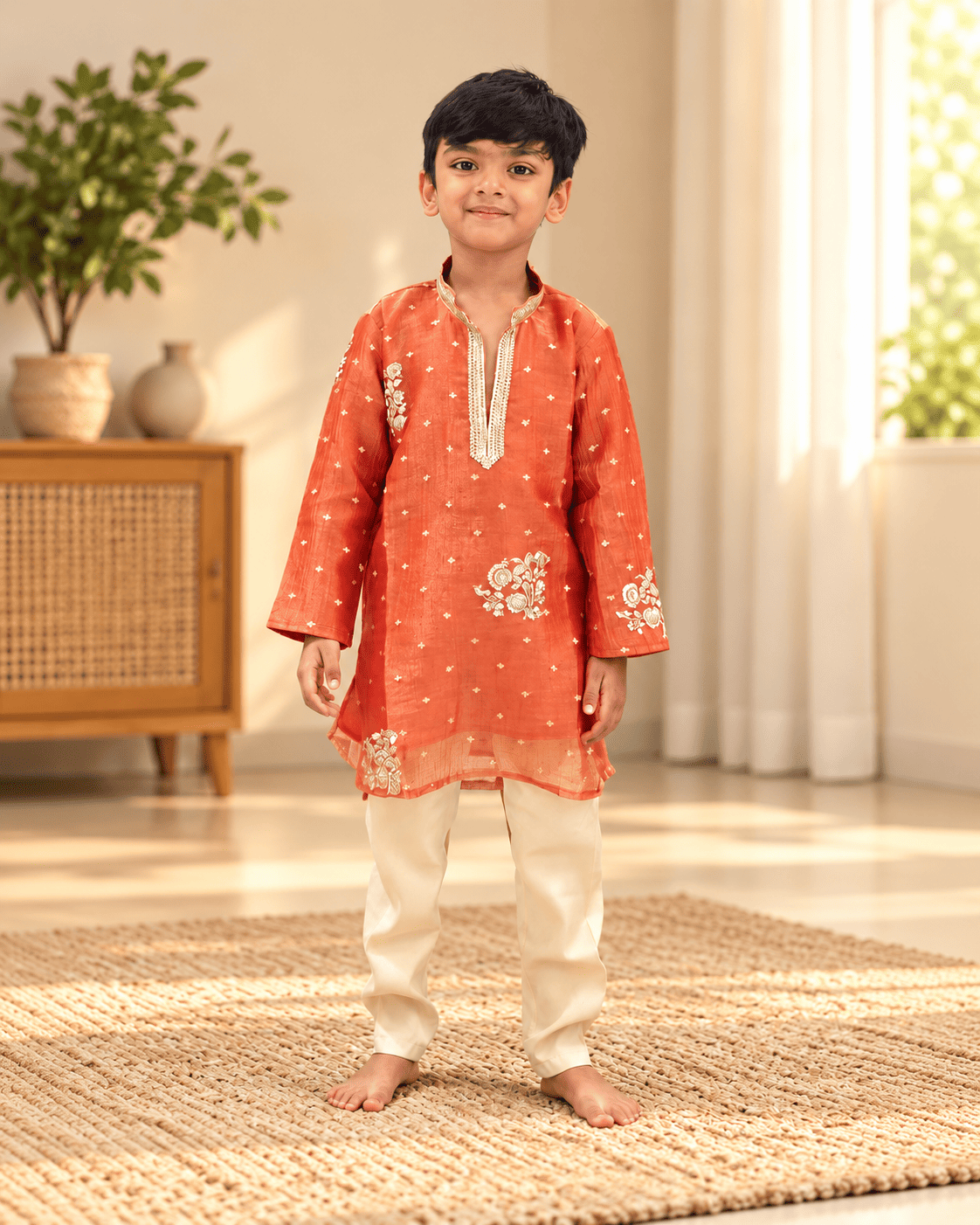 Boys Orange Embroidered Kurta Pajama Set – Kids Ethnic Wear for Wedding & Festivals