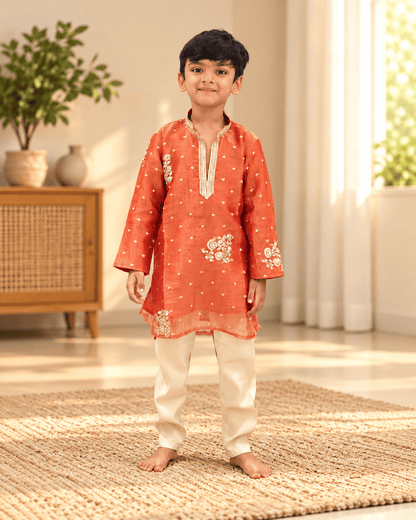 Boys Orange Embroidered Kurta Pajama Set – Kids Ethnic Wear for Wedding & Festivals