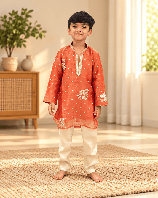Boys Orange Embroidered Kurta Pajama Set – Kids Ethnic Wear for Wedding & Festivals