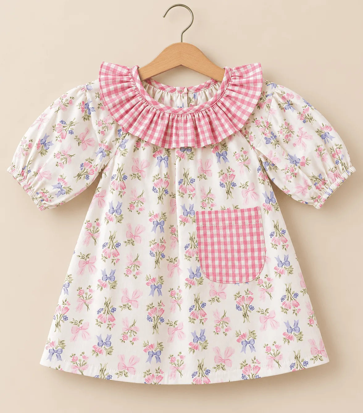 Girls 100% Cotton Floral Frock with Pink Check Ruffle Collar & Pocket | Casual Summer Dress for Kids