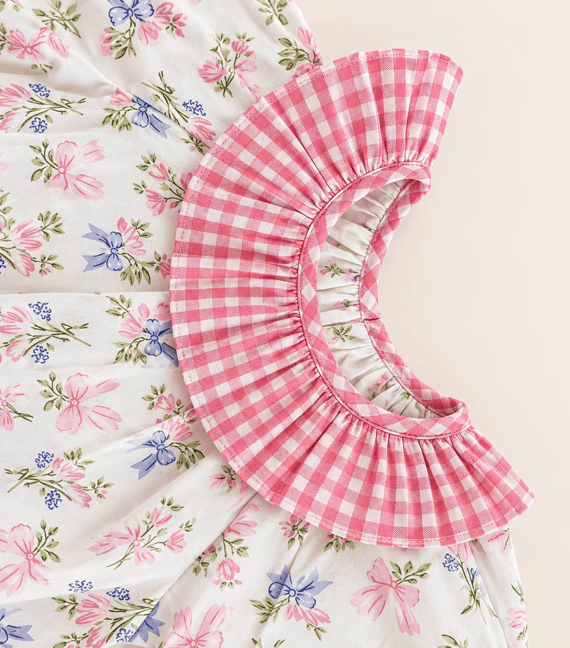 Girls 100% Cotton Floral Frock with Pink Check Ruffle Collar & Pocket | Casual Summer Dress for Kids