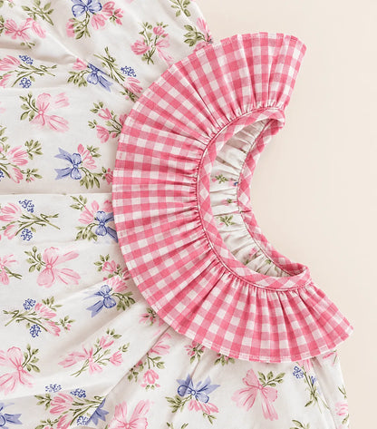 Girls 100% Cotton Floral Frock with Pink Check Ruffle Collar & Pocket | Casual Summer Dress for Kids