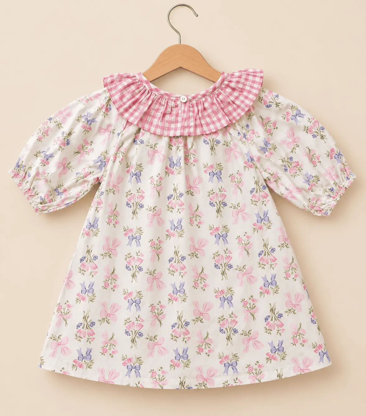 Girls 100% Cotton Floral Frock with Pink Check Ruffle Collar & Pocket | Casual Summer Dress for Kids