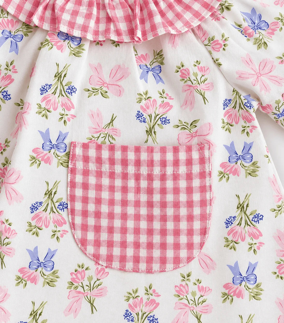 Girls 100% Cotton Floral Frock with Pink Check Ruffle Collar & Pocket | Casual Summer Dress for Kids