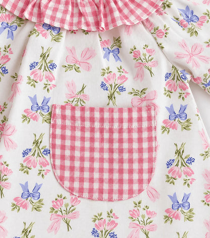 Girls 100% Cotton Floral Frock with Pink Check Ruffle Collar & Pocket | Casual Summer Dress for Kids