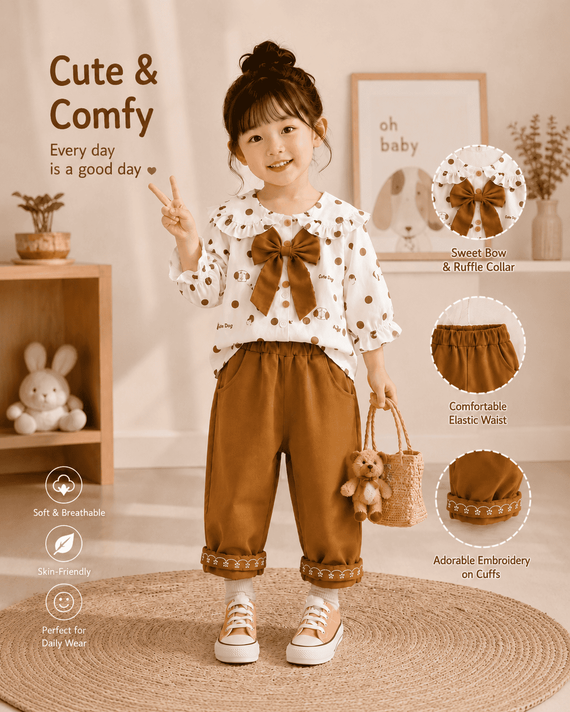 Polka Dot Bow Blouse And Embroidered Pants Set Mizzy - Kids Essentials Girls D2btdf An