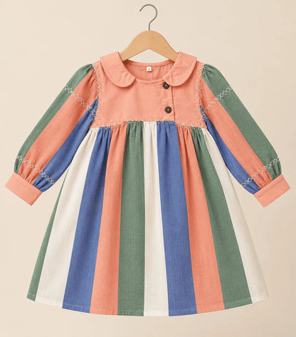 Girls Multicolor Striped Cotton Dress | Full Sleeve Casual Frock with Peter Pan Collar