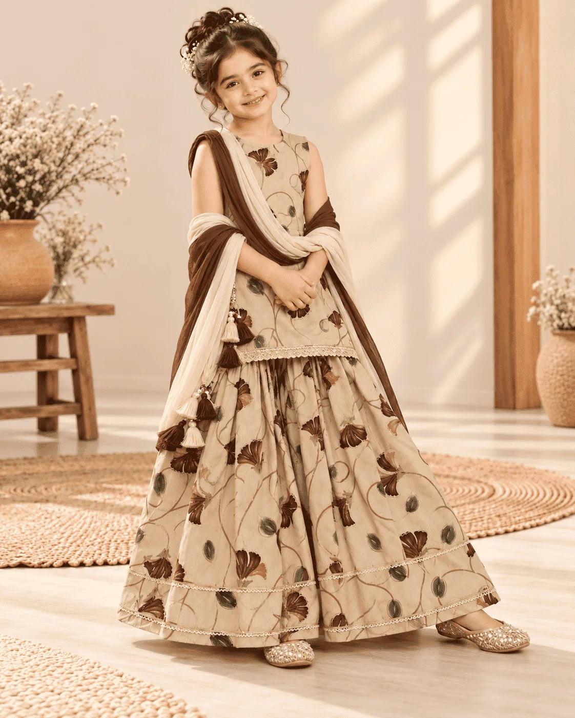 Girls Beige Floral Kurti, Palazzo Pants & Dupatta Set | 3-Piece Kids Ethnic Wear for Wedding, Diwali & Festive Occasions