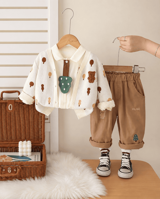 Bear Print Cardigan And Pants Outfit Set Mizzy - Kids Essentials Girls D2btdf An