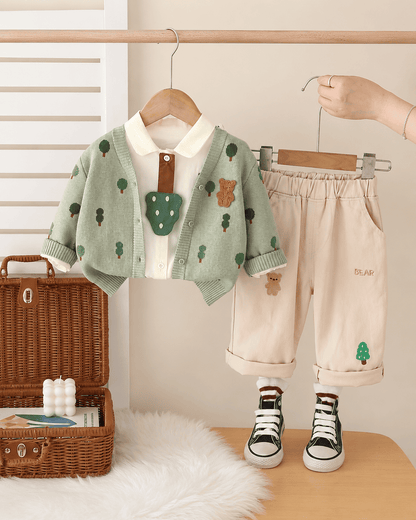 Bear Print Cardigan And Pants Outfit Set Mizzy - Kids Essentials Girls D2btdf An