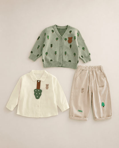 Bear Print Cardigan And Pants Outfit Set Mizzy - Kids Essentials Girls D2btdf An