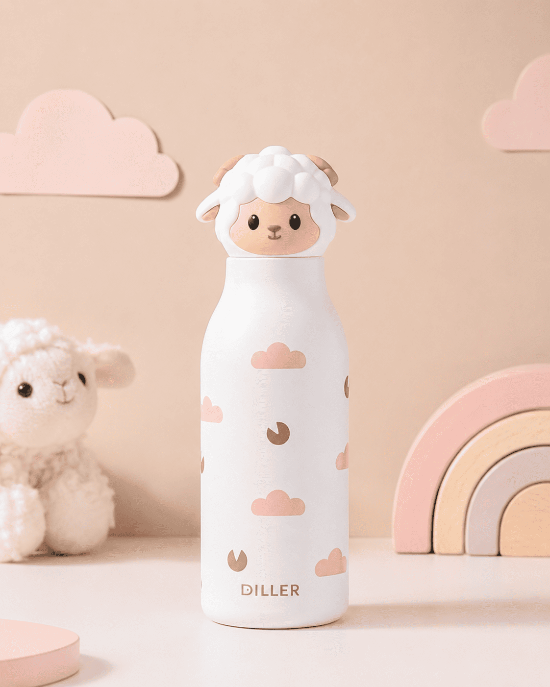 A white insulated water bottle with a cute sheep character on top and pink cloud patterns, set against a soft beige background with decorative clouds, a plush sheep, and a pastel rainbow.