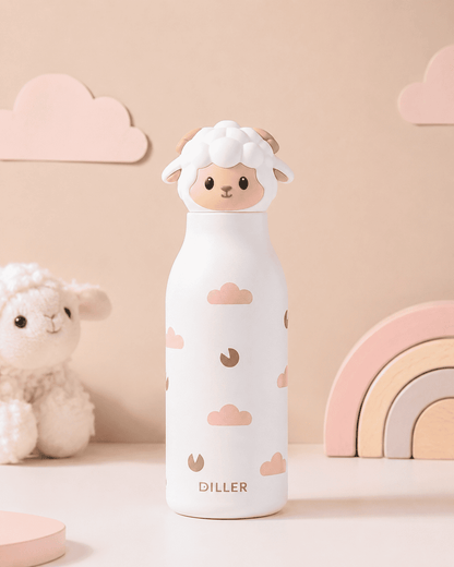 A white insulated water bottle with a cute sheep character on top and pink cloud patterns, set against a soft beige background with decorative clouds, a plush sheep, and a pastel rainbow.
