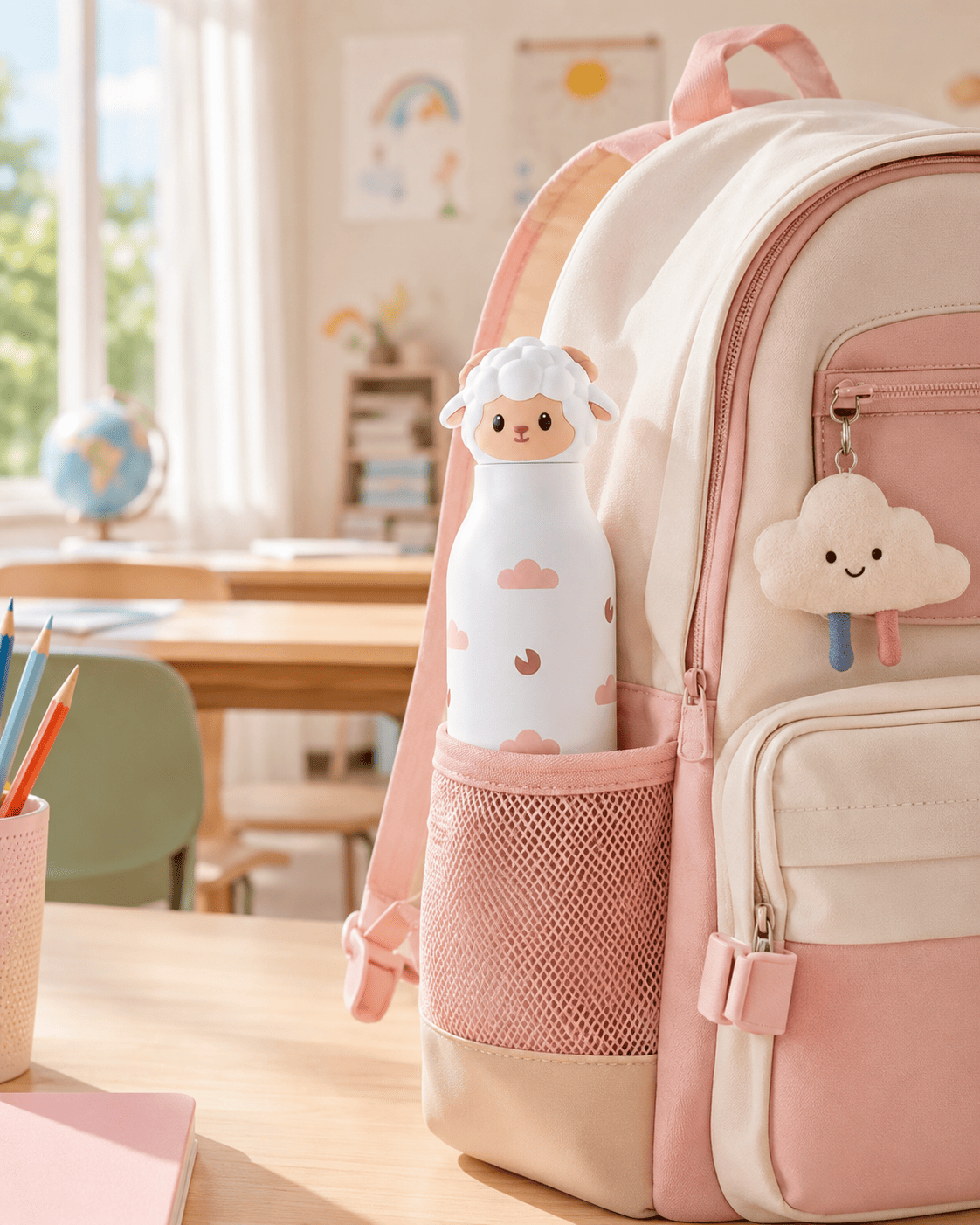 A pastel pink and cream backpack on a wooden desk in a bright, softly lit classroom. A matching pink mesh side pocket holds a white insulated bottle with a cute sheep character, and a small cloud charm hangs from the zipper.