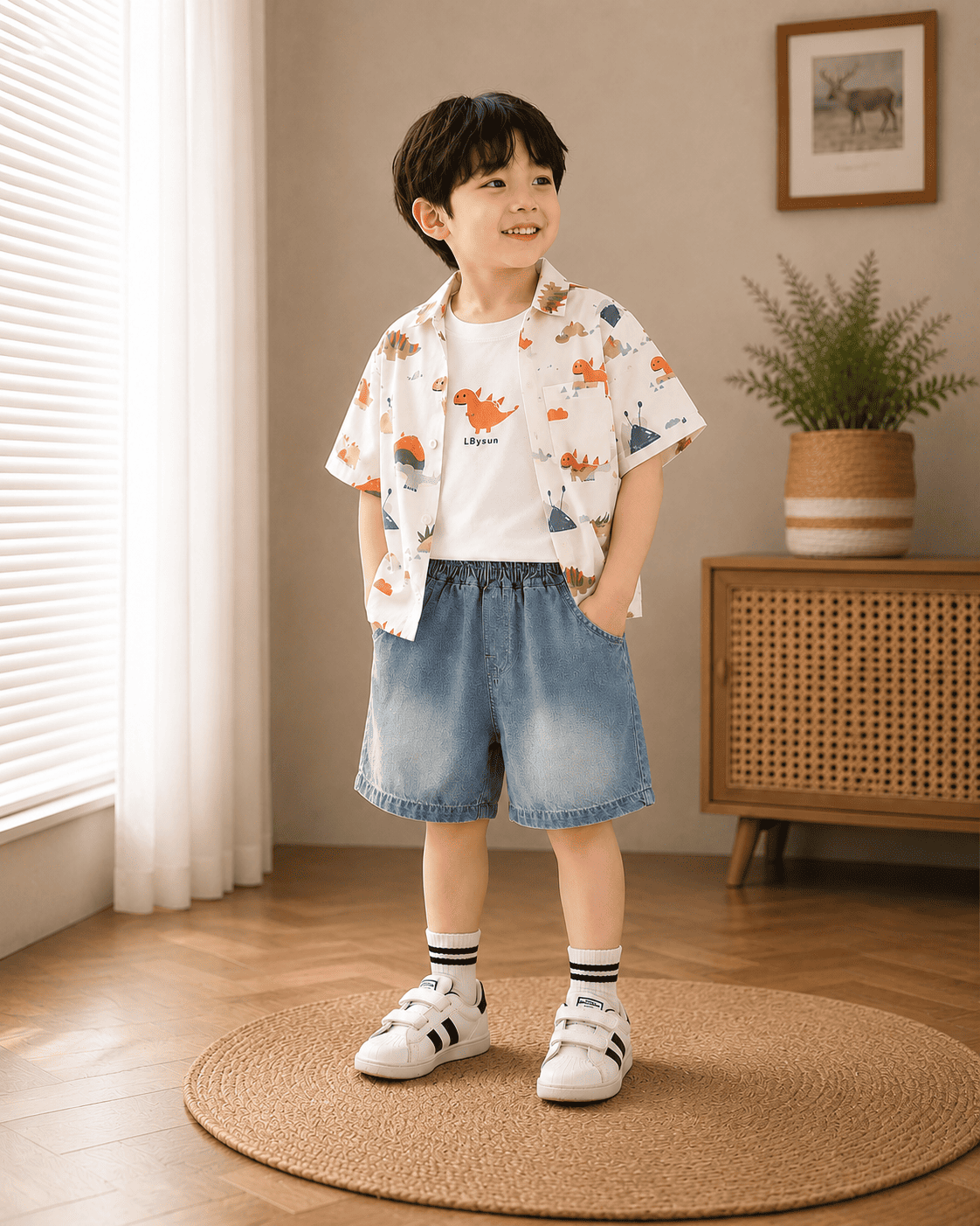 Print Cotton Shirt And Denim Shorts Set Mizzy - Kids Essentials Boys D2btdf An