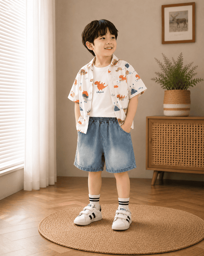 Print Cotton Shirt And Denim Shorts Set Mizzy - Kids Essentials Boys D2btdf An