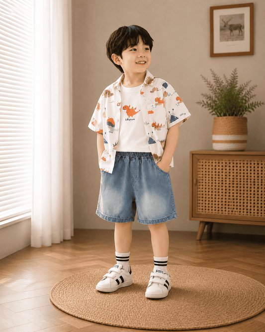 Print Cotton Shirt And Denim Shorts Set Mizzy - Kids Essentials Boys D2btdf An