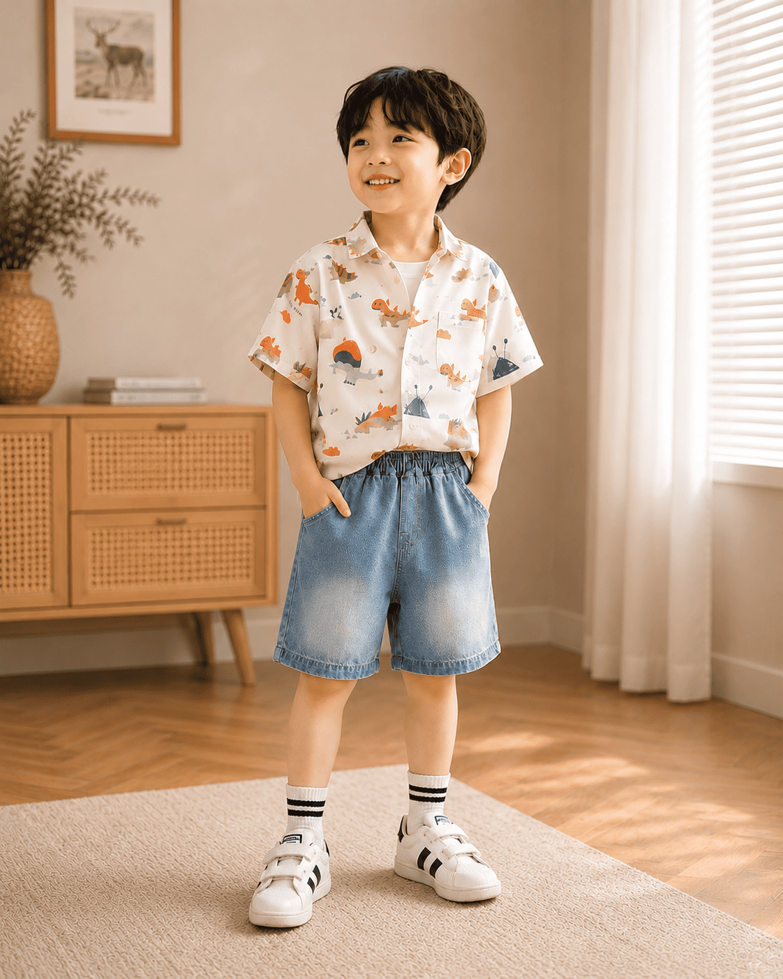 Print Cotton Shirt And Denim Shorts Set Mizzy - Kids Essentials Boys D2btdf An