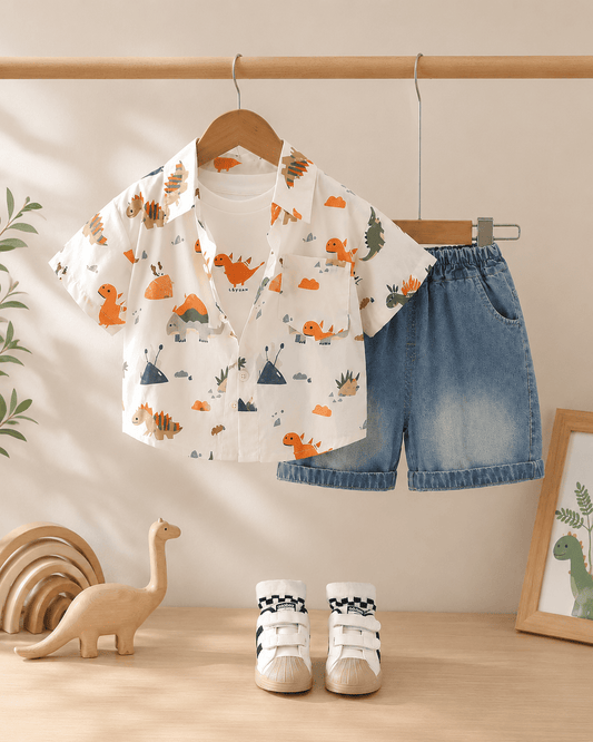 Print Cotton Shirt And Denim Shorts Set Mizzy - Kids Essentials Boys D2btdf An