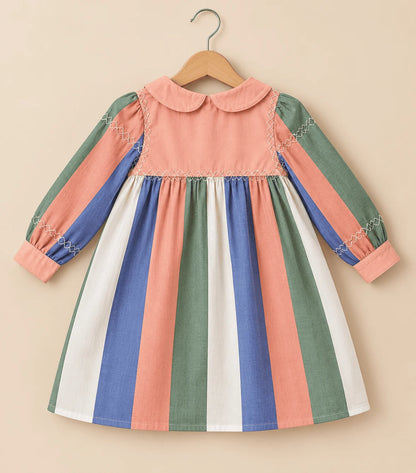 Girls Multicolor Striped Cotton Dress | Full Sleeve Casual Frock with Peter Pan Collar